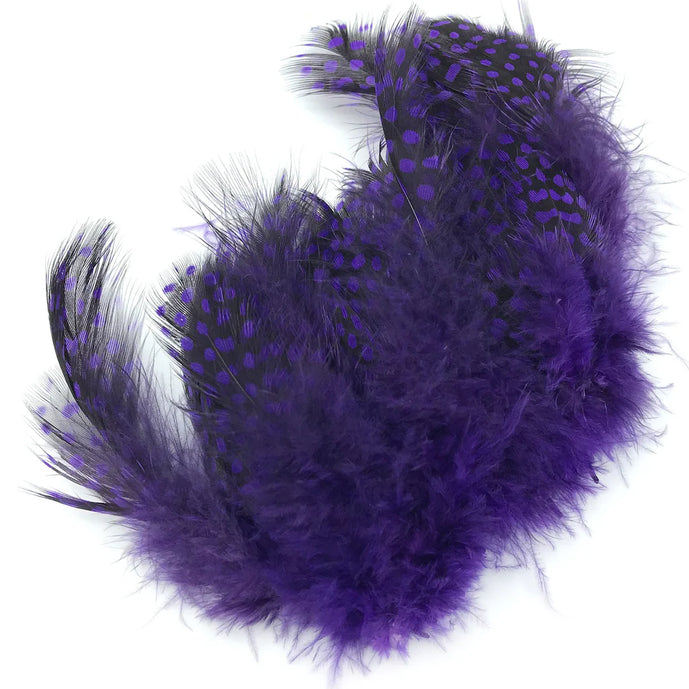 Hareline Strung Guinea Feather in Purple – deep purple feather with high-contrast speckles, ideal for intruder and leech-style flies.
