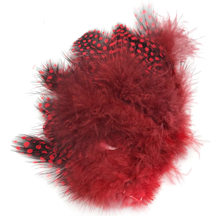 Hareline Strung Guinea Feather in Red – vivid red feather with dark guinea spotting, perfect for bold fly accents and collars.