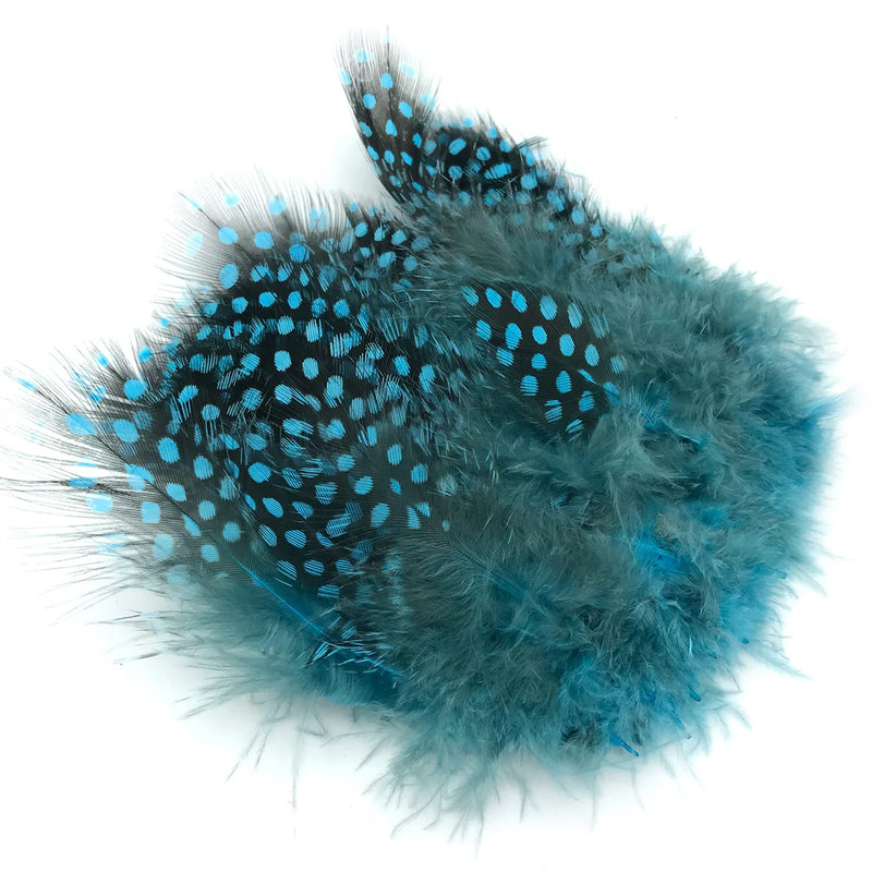 Hareline Strung Guinea Feather in Silver Doctor Blue – vivid, traditional blue feather with bold black spotting, perfect for classic salmon flies, steelhead streamers, and wet fly patterns.