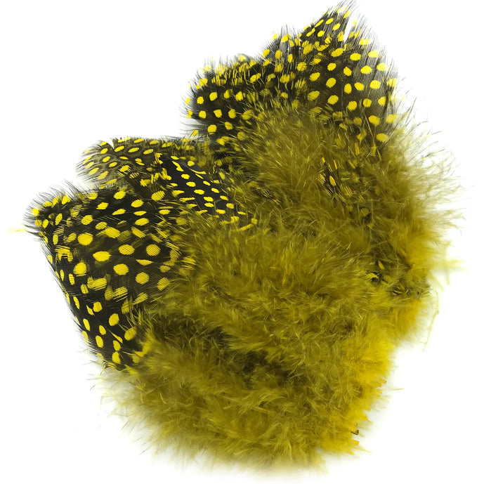 Hareline Strung Guinea Feather in Yellow – sunny yellow feather with dotted texture, perfect for bright fly tying patterns.