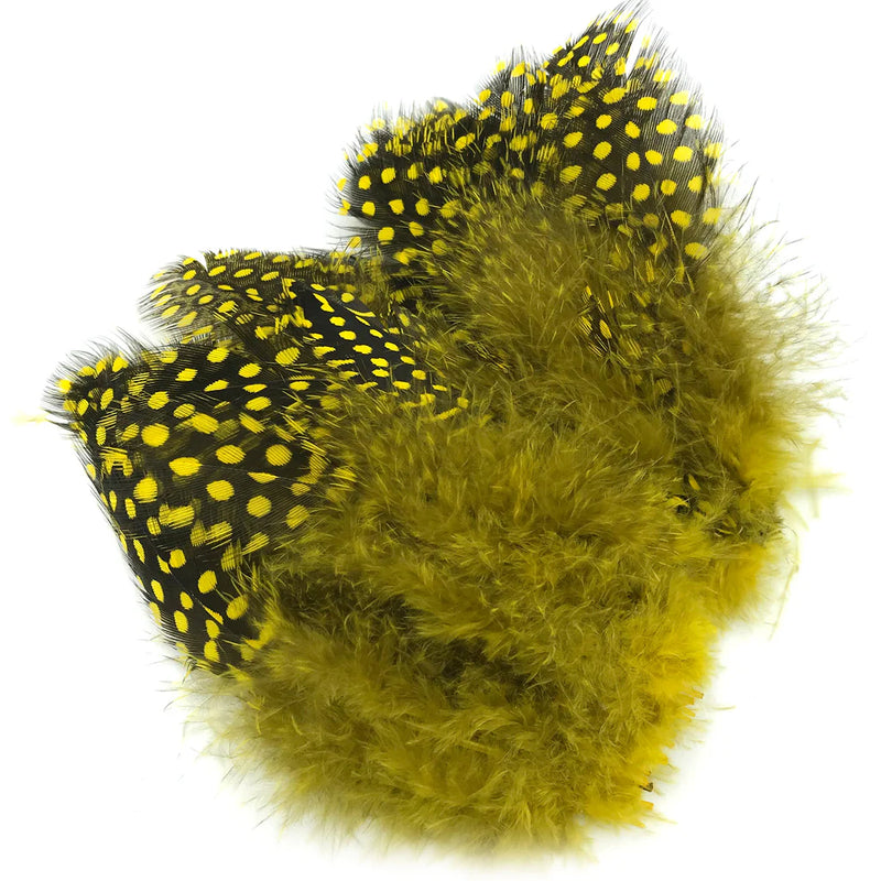 Hareline Strung Guinea Feather in Yellow – sunny yellow feather with dotted texture, perfect for bright fly tying patterns.