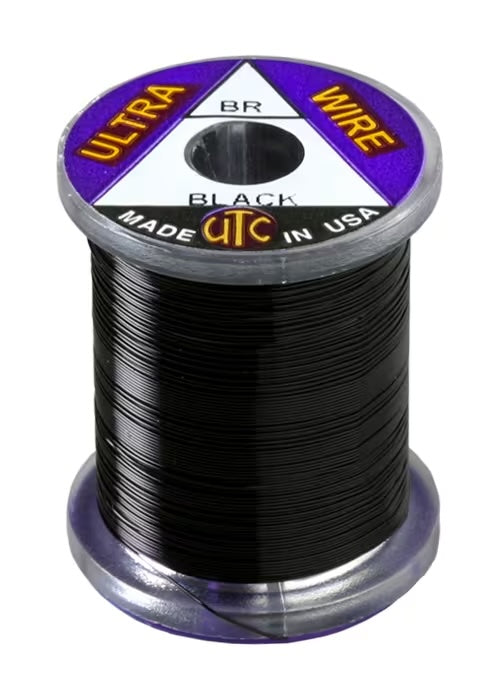 Black UTC Ultra Wire in Brassie size – durable fly tying wire for segmented bodies and ribbing on midges and nymphs.