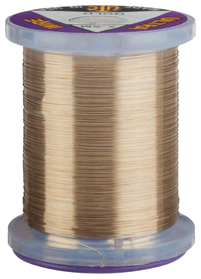 Gold UTC Ultra Wire in Brassie size – metallic fly tying wire for ribbing, tags, and flashback nymphs.