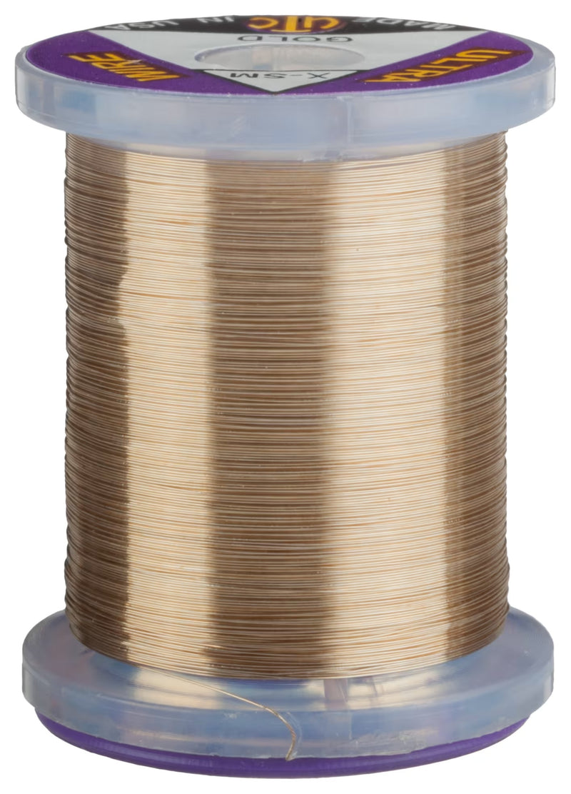 Gold UTC Ultra Wire in Brassie size – metallic fly tying wire for ribbing, tags, and flashback nymphs.