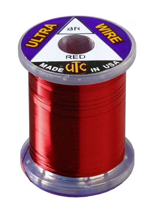 Red Metallic UTC Ultra Wire in Brassie size – vivid wire for hot spots, ribbing, and attracting steelhead and trout.