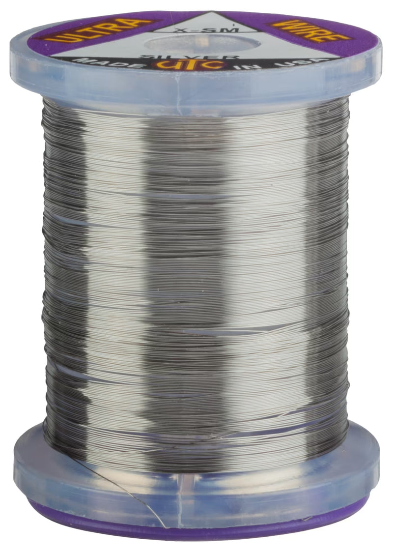 Silver UTC Ultra Wire in Brassie size – shiny, non-tarnish wire perfect for ribbing, soft hackles, and Euro nymphs.