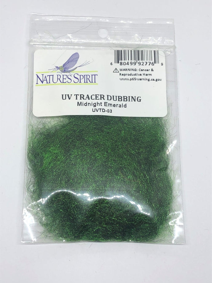 Midnight Emerald UV Tracer Dubbing – deep emerald green blend with UV reflectivity for caddis and scud patterns.