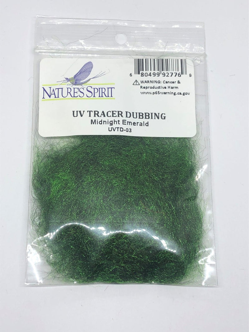 Midnight Emerald UV Tracer Dubbing – deep emerald green blend with UV reflectivity for caddis and scud patterns.