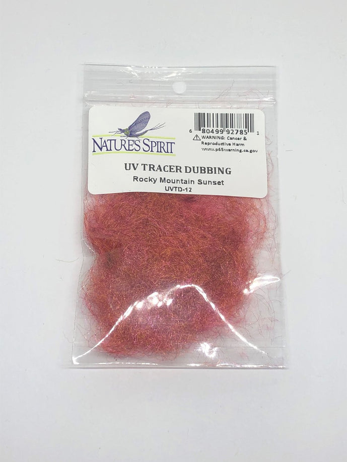 Rocky Mountain Sunset UV Tracer Dubbing – warm sunset-inspired blend of reds and golds with UV sparkle.
