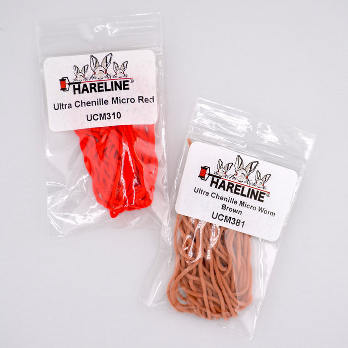 Ultra Chenille Micro by Hareline – tightly woven, micro-diameter chenille ideal for tying small nymphs, San Juan worms, and midges.