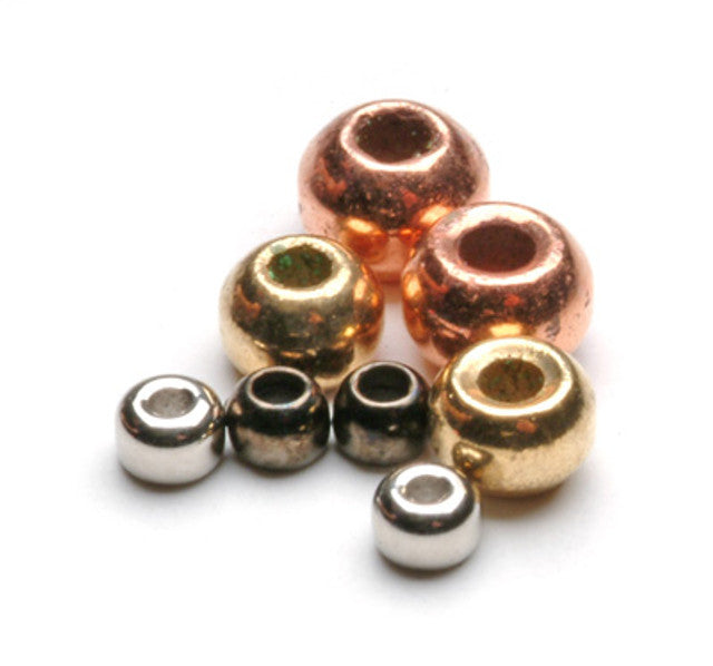Umpqua tungsten fly tying beads in black, copper, gold, and silver – high-density, non-painted beads for adding weight and flash to nymphs and jig flies.