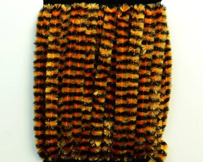 Variegated Medium Chenille in orange and black – high-contrast chenille great for Halloween buggers and attention-grabbing streamers.