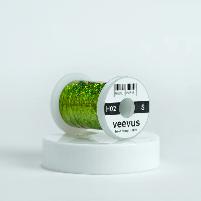 Veevus Holographic Tinsel in Chartreuse – bold, reflective fly tying tinsel perfect for creating vibrant bodies, ribbing, and accents on trout, steelhead, and saltwater flies. Available in medium and large sizes.