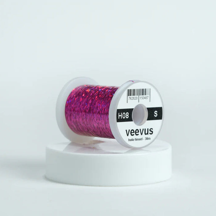Veevus Holographic Tinsel in Fuchsia – bold, reflective fly tying tinsel perfect for creating vibrant bodies, ribbing, and accents on trout, steelhead, and saltwater flies. Available in medium and large sizes.