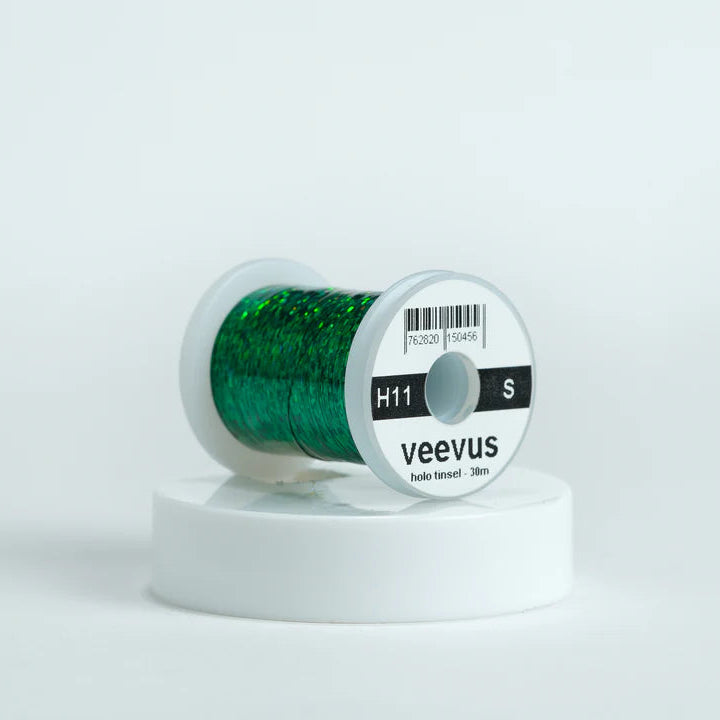 Veevus Holographic Tinsel in Green – bold, reflective fly tying tinsel perfect for creating vibrant bodies, ribbing, and accents on trout, steelhead, and saltwater flies. Available in medium and large sizes.