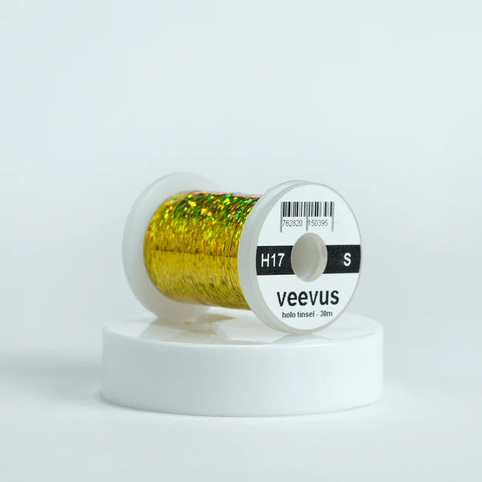 Veevus Holographic Tinsel in Yellow – bold, reflective fly tying tinsel perfect for creating vibrant bodies, ribbing, and accents on trout, steelhead, and saltwater flies. Available in medium and large sizes.