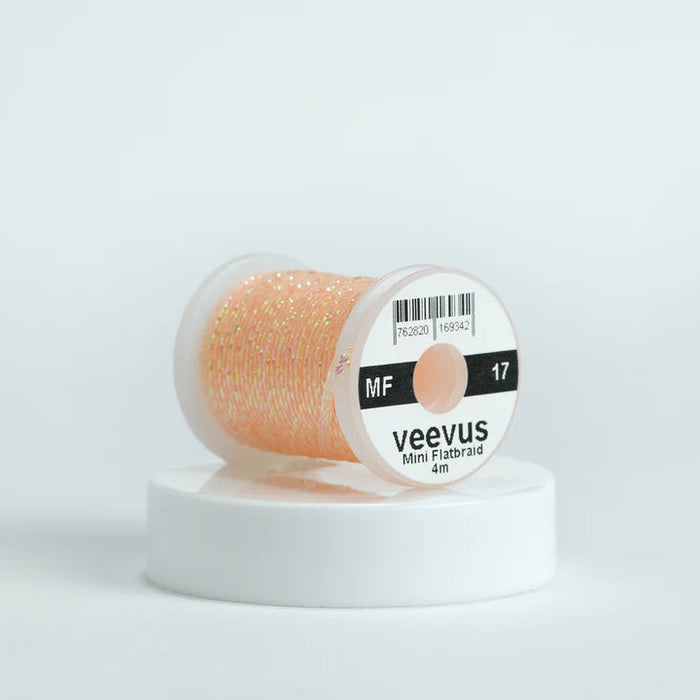 Veevus Mini Flat Braid in Peach Pearl – adds a flat, highly reflective shimmer to fly patterns. Perfect for bodies, tags, and ribbing with a modern flash in peach pearl.