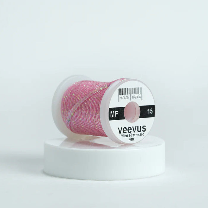 Veevus Mini Flat Braid in Pink Pearl – adds a flat, highly reflective shimmer to fly patterns. Perfect for bodies, tags, and ribbing with a modern flash in pink pearl.