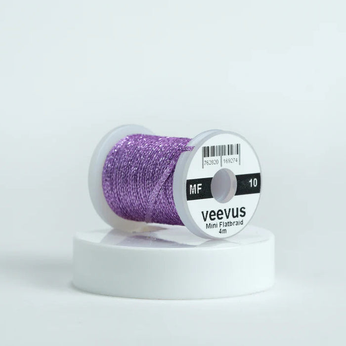 Veevus Mini Flat Braid in Purple – adds a flat, highly reflective shimmer to fly patterns. Perfect for bodies, tags, and ribbing with a modern flash in purple.