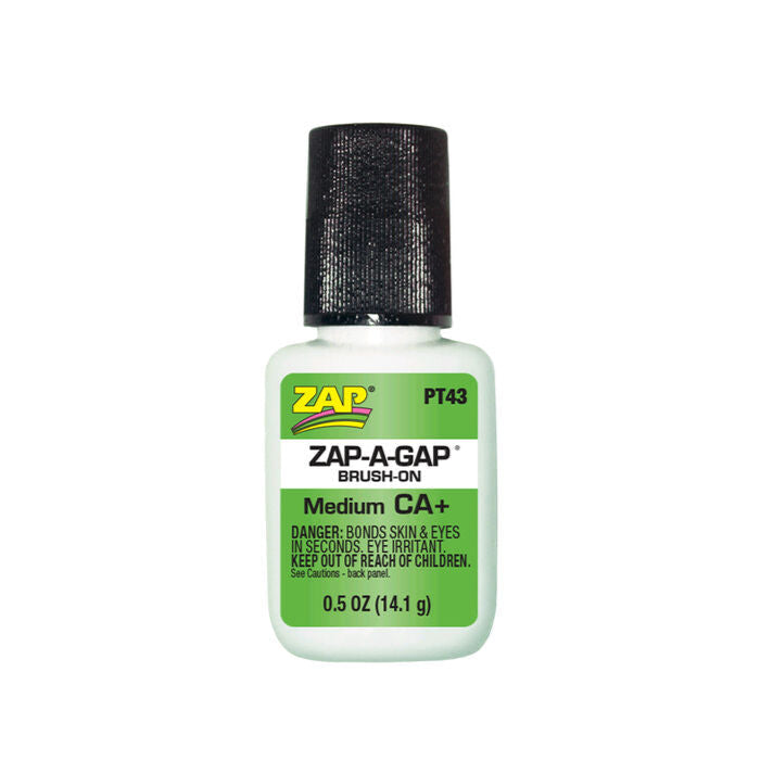 Zap-A-Gap Brush On Glue – 1/2 oz fly tying adhesive with brush applicator, perfect for securing eyes, threads, and tough-to-bond materials.