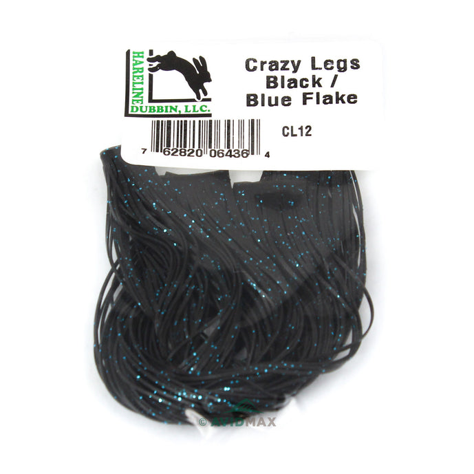 Hareline Crazy Legs in black with blue flake – durable, stretchy silicone legs with vibrant blue glitter for added movement and flash in saltwater and freshwater fly patterns.