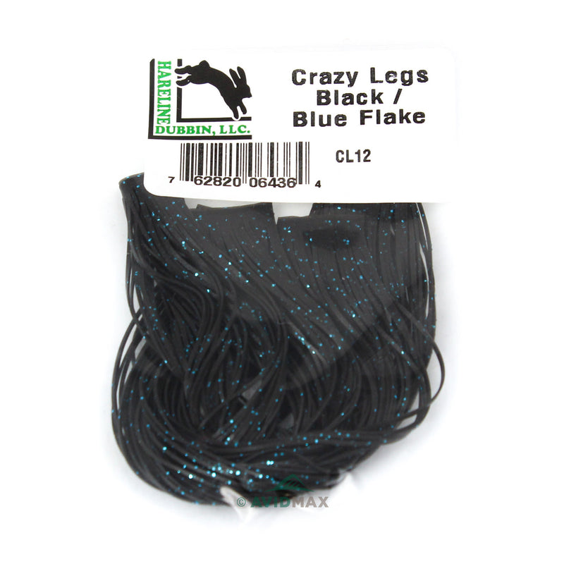 Hareline Crazy Legs in black with blue flake – durable, stretchy silicone legs with vibrant blue glitter for added movement and flash in saltwater and freshwater fly patterns.