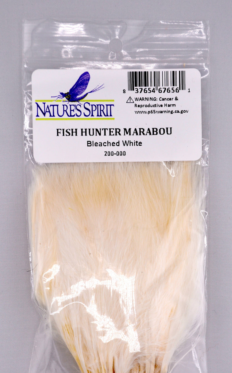 Fish Hunter Blood Quill Marabou in bleached white—versatile, bright feathers ideal for clean silhouettes, winter steelhead flies, baitfish imitations, and snowy attractor patterns.