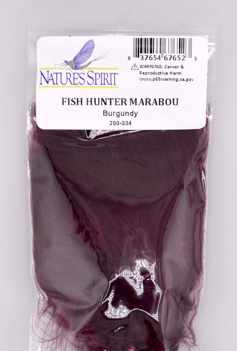Fish Hunter Blood Quill Marabou in burgundy—rich, deep red feathers that create bold movement and color contrast in leech patterns, intruders, and attractor-style streamers.