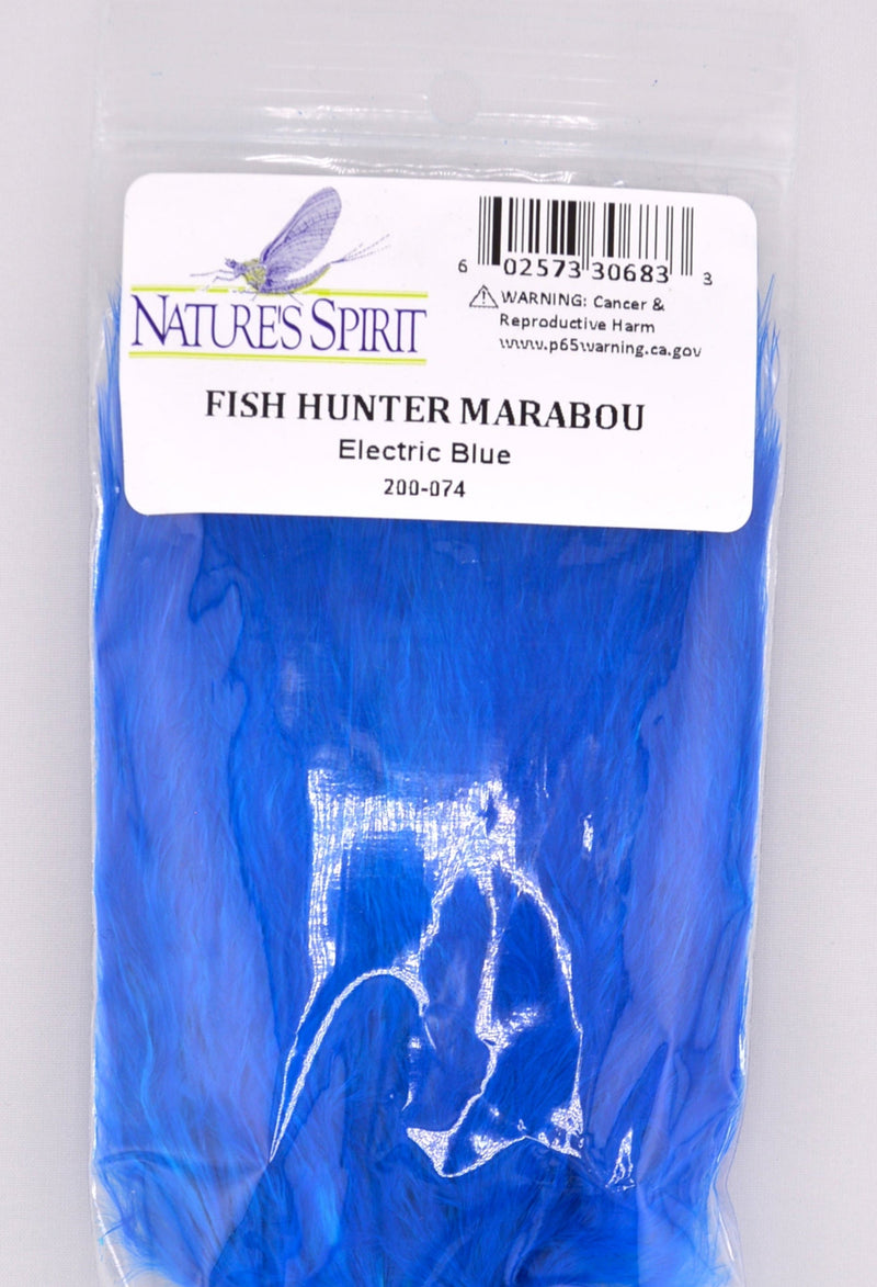 Fish Hunter Blood Quill Marabou in electric blue—bold, flowing feathers perfect for tying steelhead and saltwater flies that demand flash, contrast, and movement in cold or clear water.
