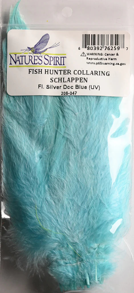 Silver Doc Blue UV Fish Hunter Collaring Schlappen – cool-toned, UV-reactive feathers for steelhead, salmon, and spey flies.