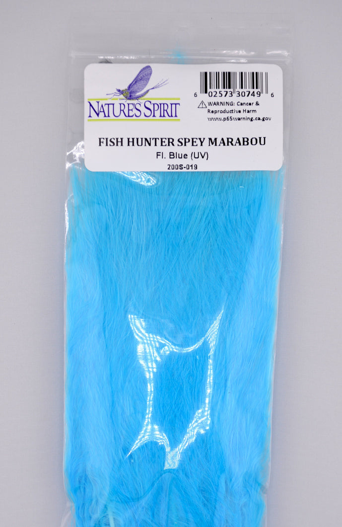 Fluorescent blue Fish Hunter Blood Quill Spey Marabou feathers from Nature’s Spirit, perfect for creating vibrant steelhead, salmon, and predator fly patterns with excellent flow and contrast.