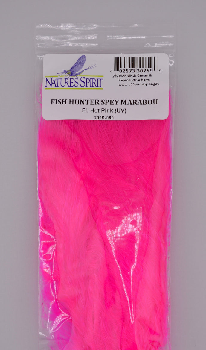 Fluorescent hot pink Fish Hunter Blood Quill Spey Marabou feathers by Nature’s Spirit, ideal for bold intruder flies, steelhead patterns, and streamers that demand maximum visibility and lifelike movement.