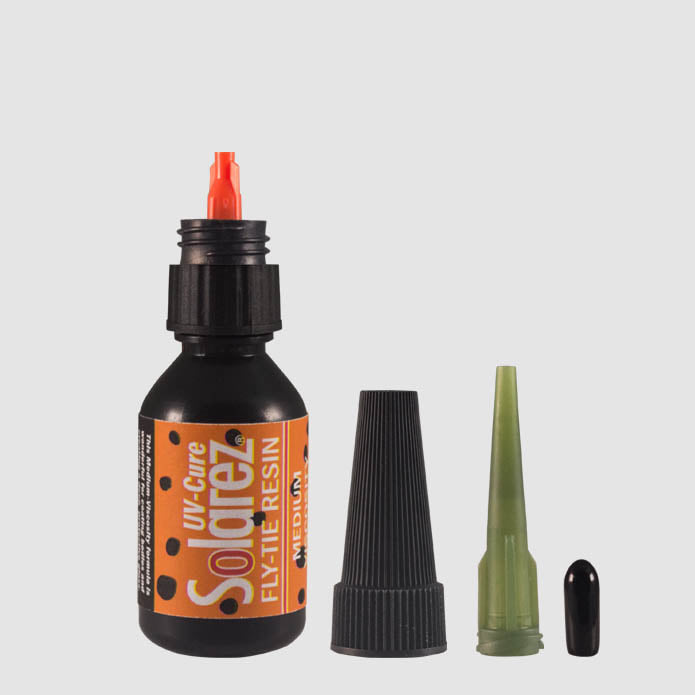 Solarez Medium Hard UV resin orange bottle for fly tying, medium viscosity resin for building durable fly heads and bodies.
