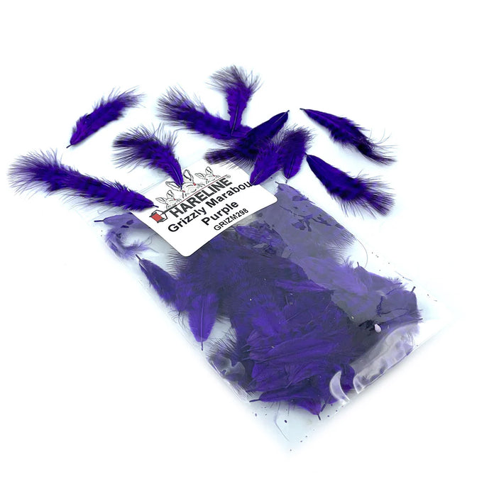 Hareline Grizzly Marabou in Purple – premium dyed feathers with natural barred pattern, perfect for adding lifelike movement and contrast to streamers, leeches, and intruders.
