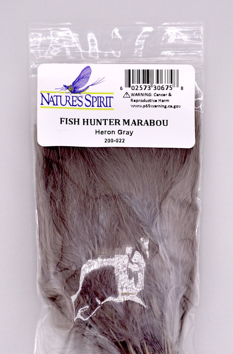Fish Hunter Blood Quill Marabou in heron gray—natural, soft-toned feathers perfect for subtle steelhead and trout spey patterns where muted movement and realistic presentation matter."