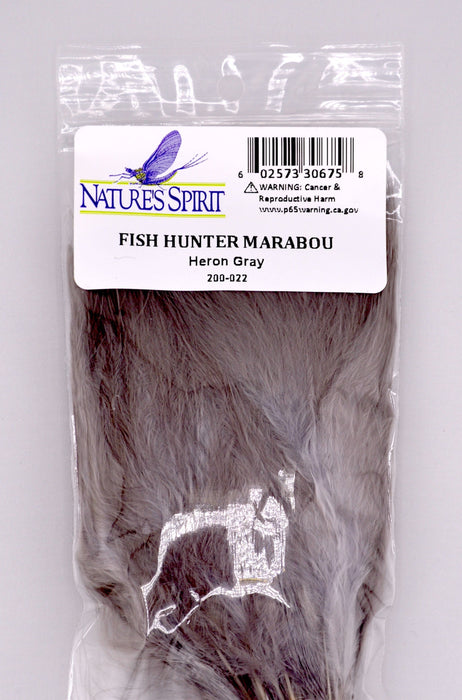 Fish Hunter Blood Quill Marabou in heron gray—natural, soft-toned feathers perfect for subtle steelhead and trout spey patterns where muted movement and realistic presentation matter."