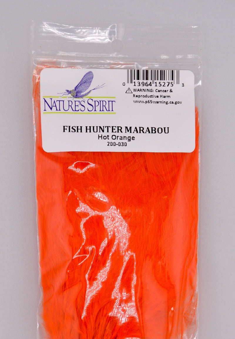 Fish Hunter Blood Quill Marabou in hot orange—vibrant, flowing marabou feathers ideal for adding high-visibility color and lifelike motion to steelhead, salmon, and attractor patterns.