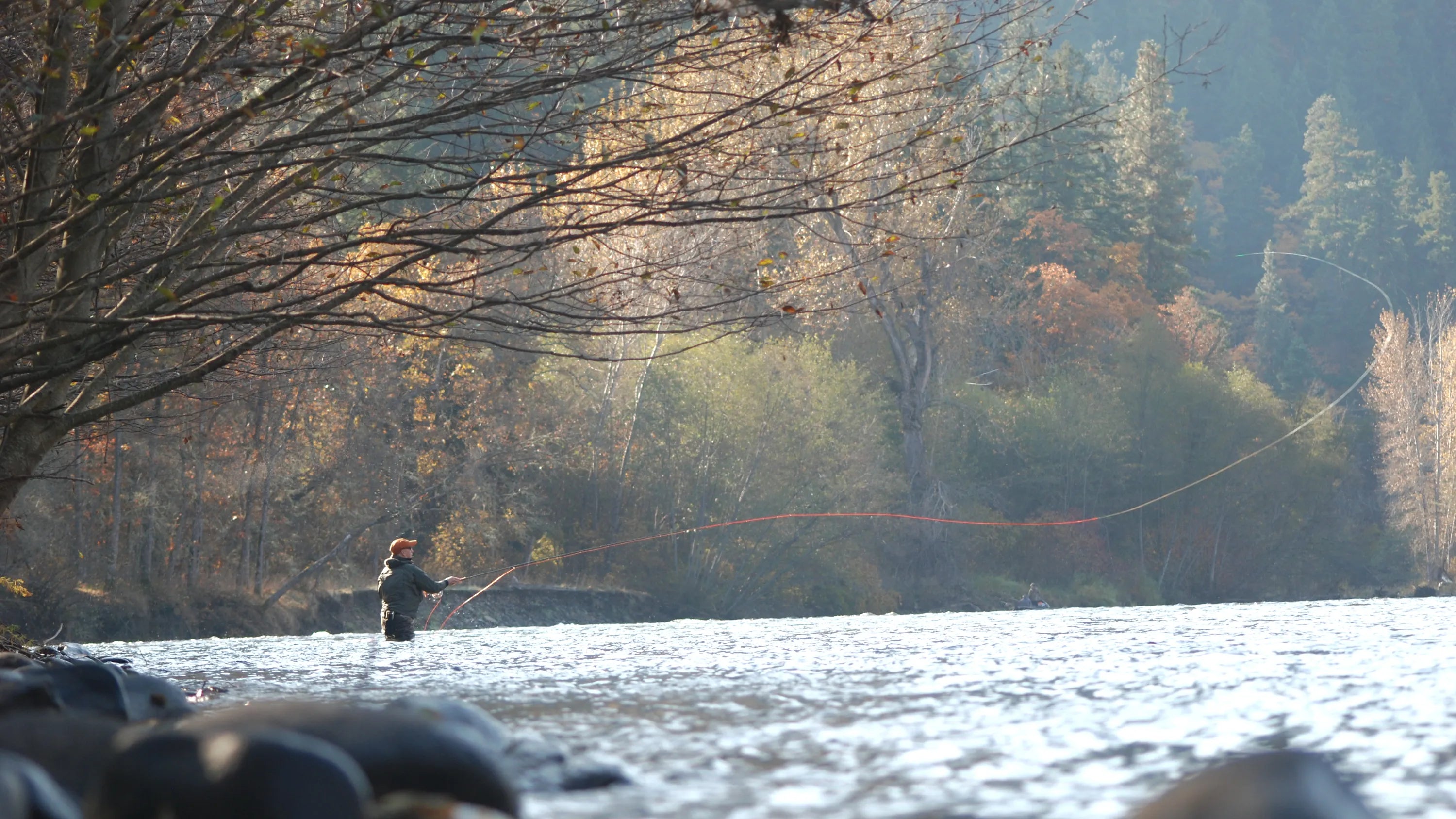 A young man fly fishing on the Klickitat River. Solid-Faced Canvas Print