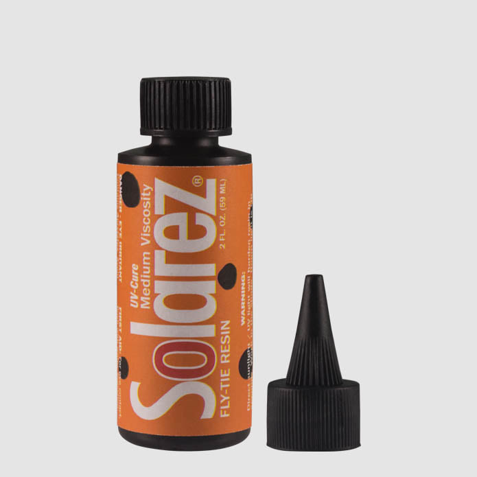 Solarez Medium Hard UV resin orange bottle for fly tying, medium viscosity resin for building durable fly heads and bodies.