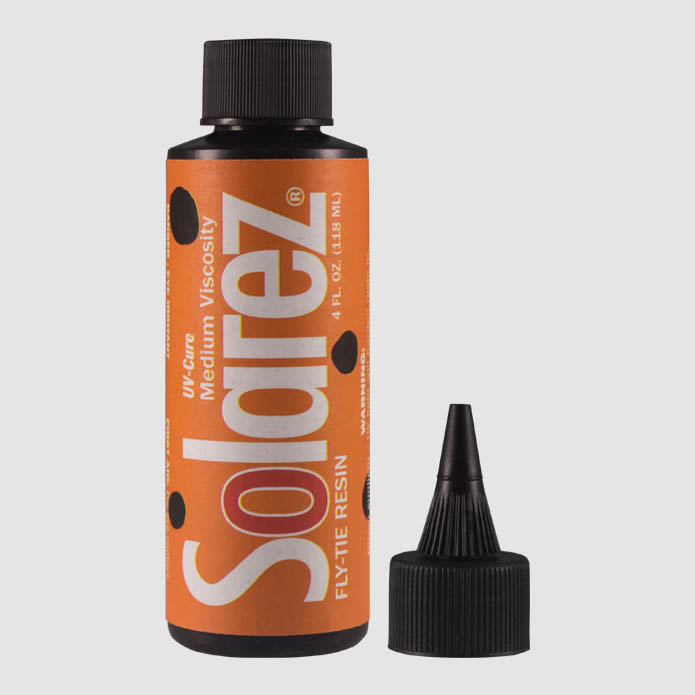 Solarez Medium Hard UV resin orange bottle for fly tying, medium viscosity resin for building durable fly heads and bodies.