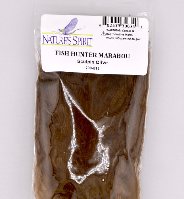 Fish Hunter Blood Quill Marabou in sculpin olive—long, soft marabou feathers perfect for tying natural-toned streamers, sculpin patterns, and leeches with realistic movement and earthy olive hues.