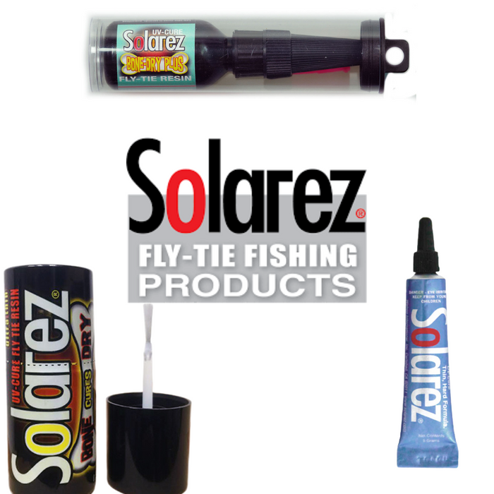 Solarez UV resins for fly tying – fast-curing, tack-free resins available in multiple formulas for coating heads, building bodies, and adding durability and shine to flies.