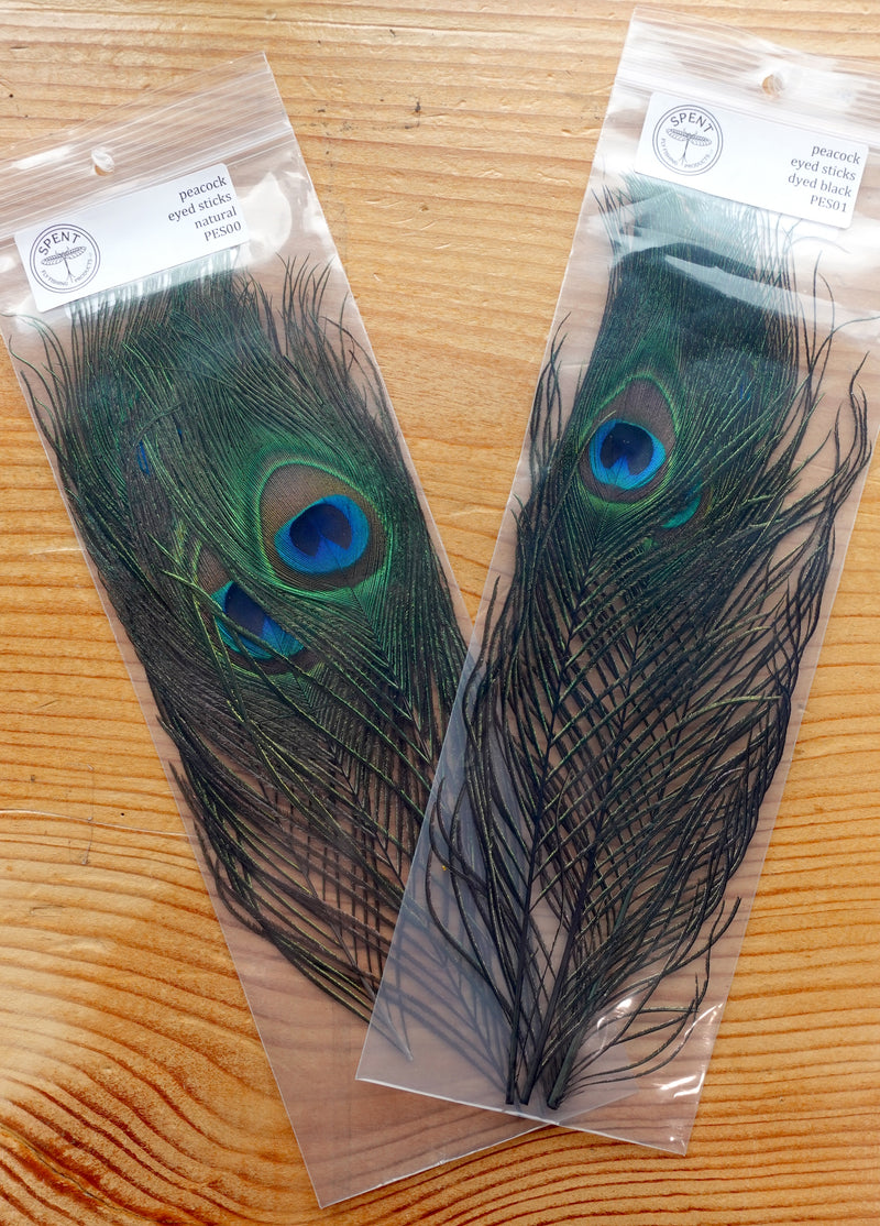 Peacock eye sticks in black and natural from Spent Fly Fishing, iridescent herl fibers for fly tying bodies and nymph patterns