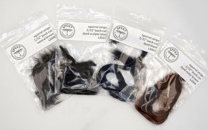 3/32 inch leech cut squirrel strips from Spent Fly Fishing Products, thin squirrel hide strips ideal for leech flies, wrapping collars, and compact streamer patterns