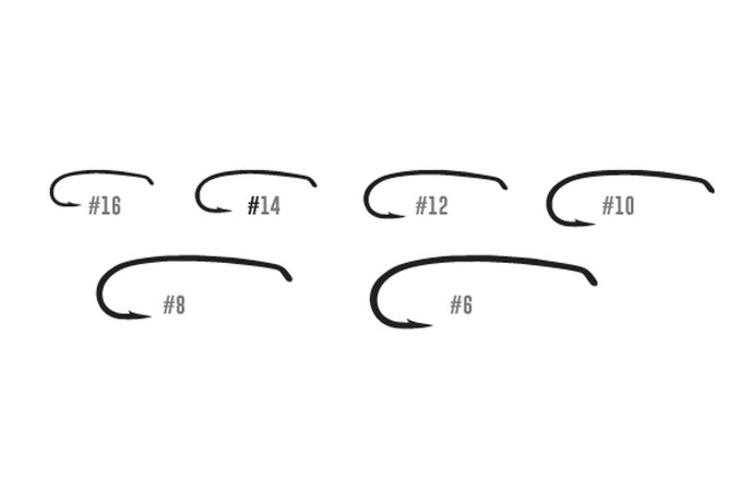 Tiemco TMC2302 humped shank hooks – 25-pack of 2X long, curved shank hooks ideal for tying extended-body dries, terrestrials, and realistic caddis or stonefly patterns.