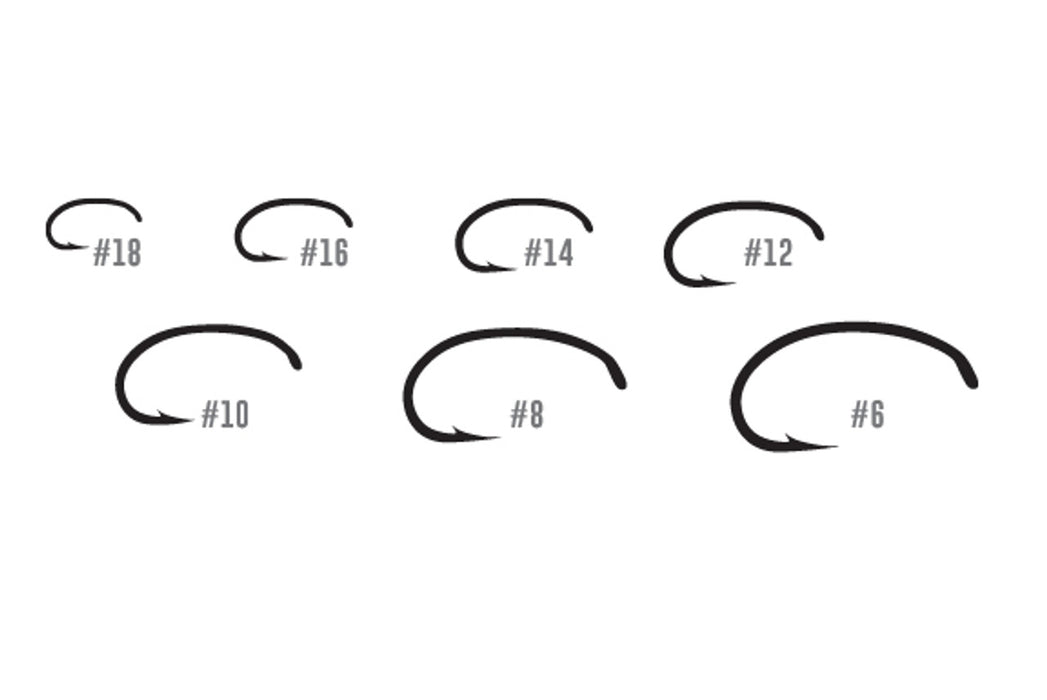 Tiemco TMC2457 nymph hooks – 25-pack of curved, short-shank hooks with a wide gape, ideal for tying caddis pupae, scuds, shrimp, and other subsurface patterns.