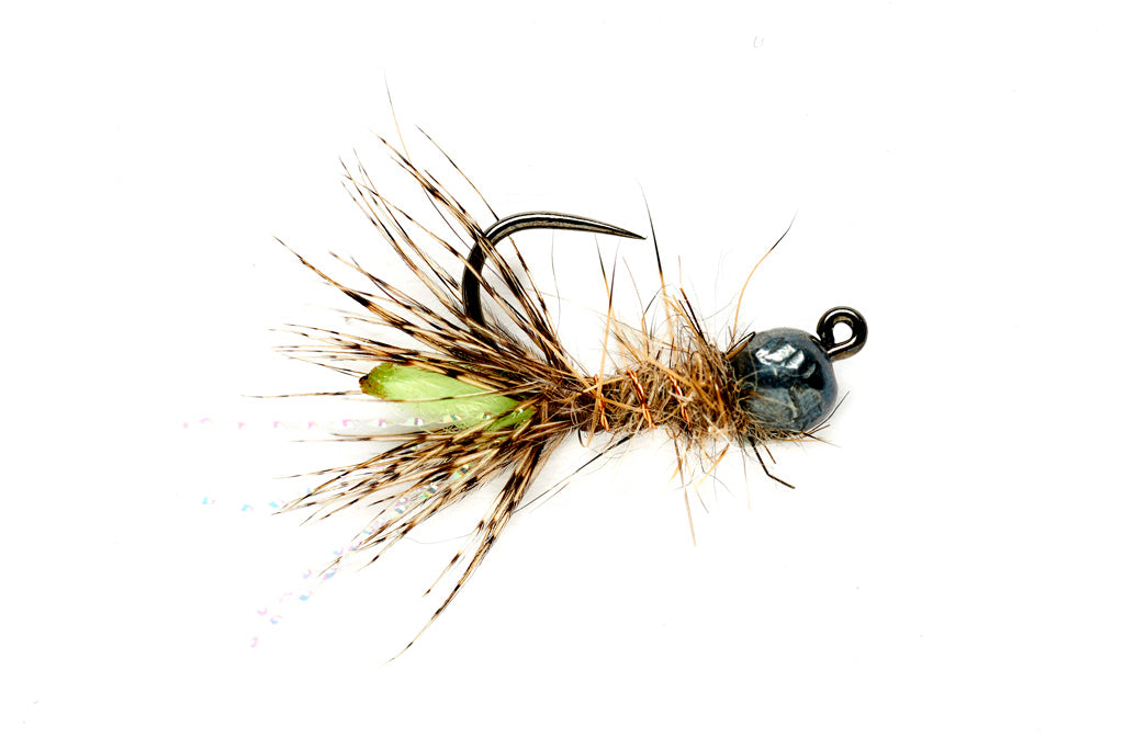 Peeping Caddis Jig Burnt Green (TBH) Barbless by Fulling Mill