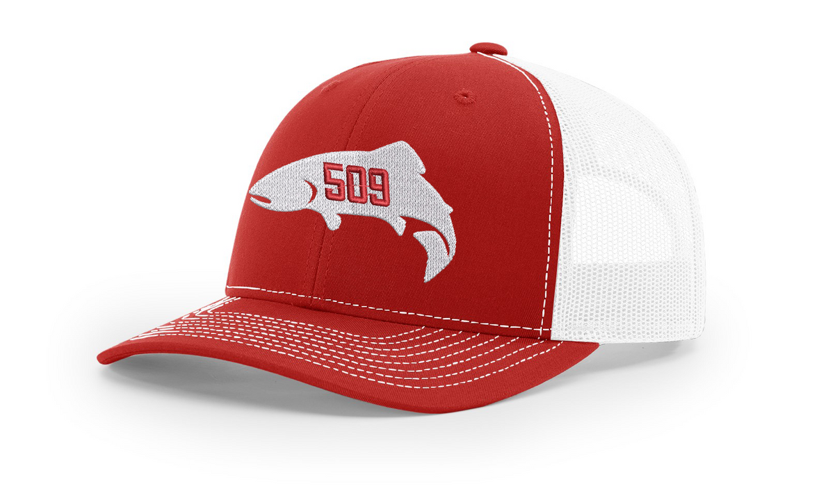 Red s 509 Fish Logo d Trucker Hat Red s Fly Shop