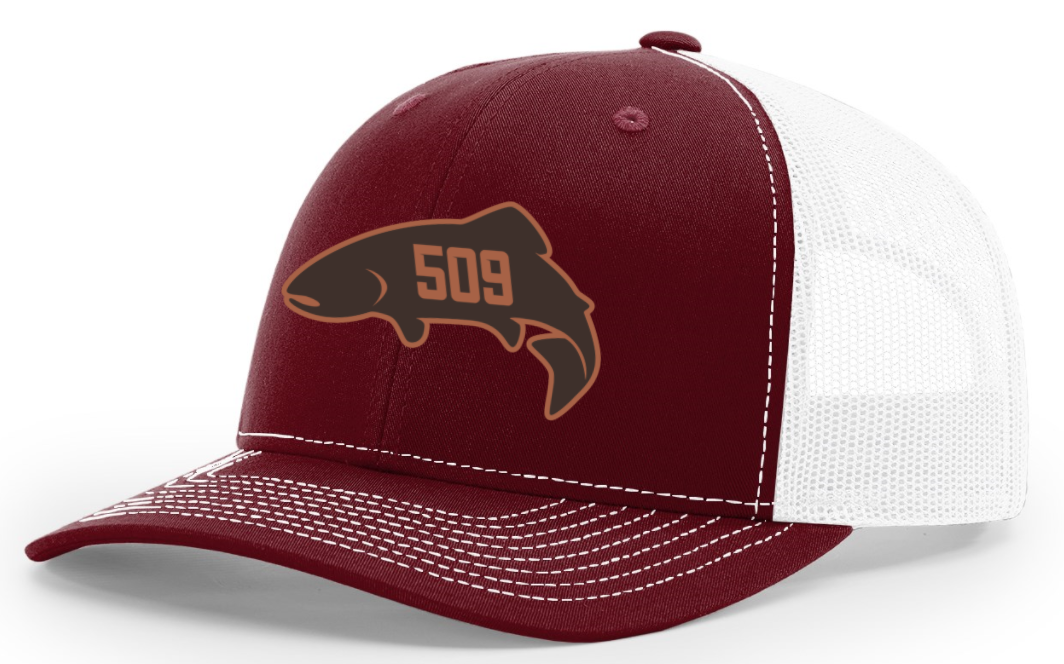 Red's 509 Fish Logo'd Trucker Hat Leather Patch / Cardinal/White